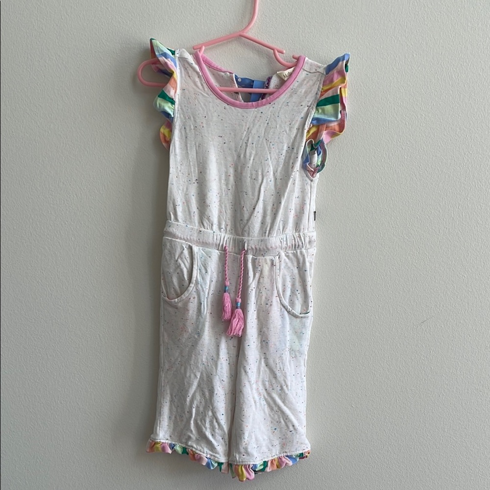 Matilda Jane Girls Speckled Rainbow Ruffle Jumpsuit‎ Cream Size 2/4 Confetti Tie